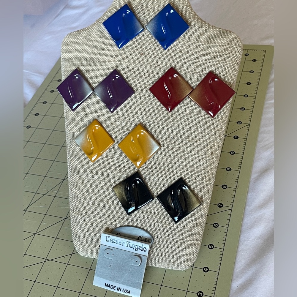 VTG Lot (5) Cesar Angelo Earrings Same Square Shape Different Solid Colors USA